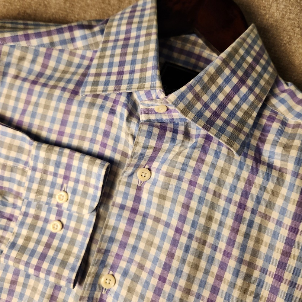 David Donahue Dress Shirt Mens 15.5 34/35 Blue Purple Gingham Check Long Sleeve